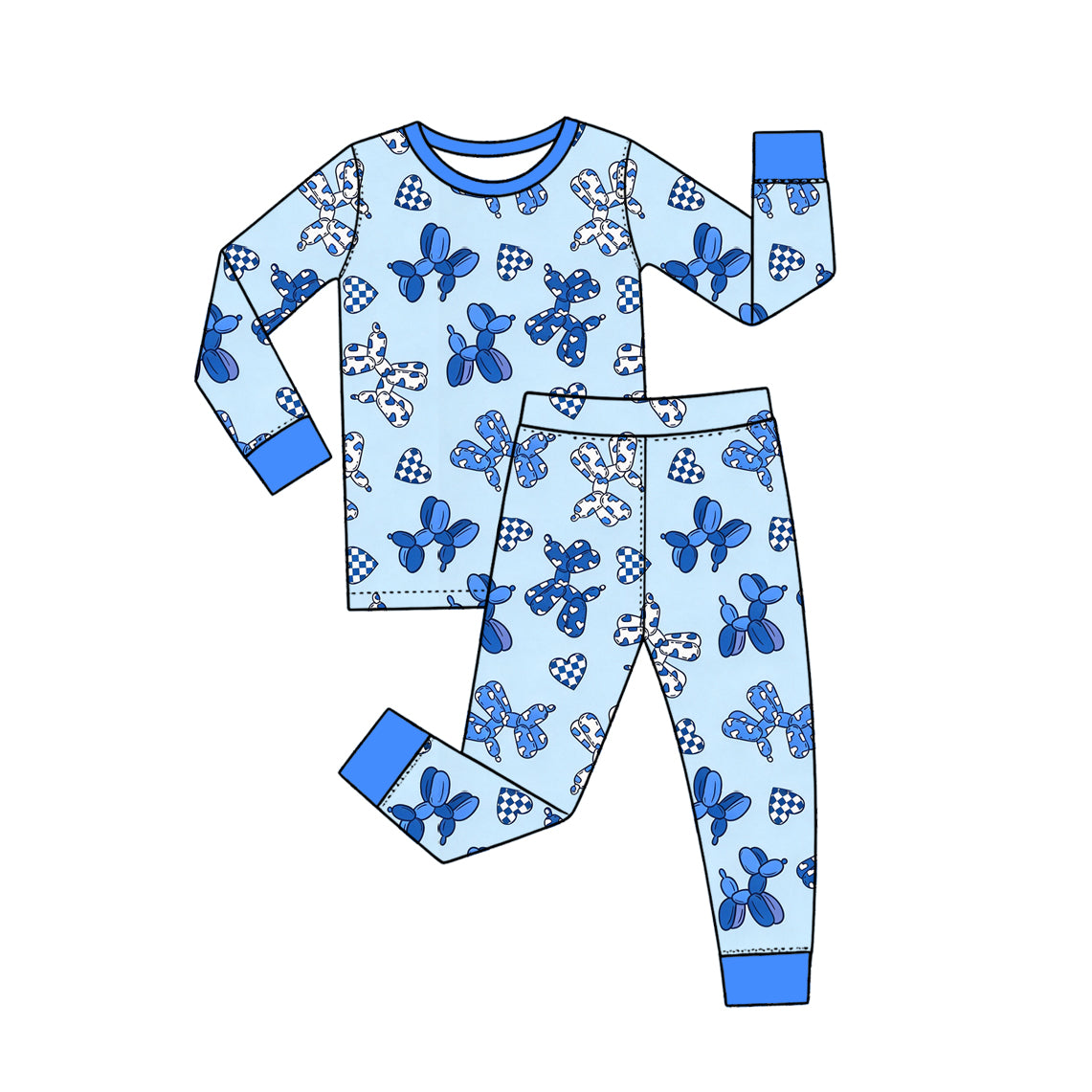 Preorder (moq 5) BLP1649 Baby Girl Clothes Blue Balloon Dog Checkered Heart Mixed Print Long Sleeve Pajama Set
