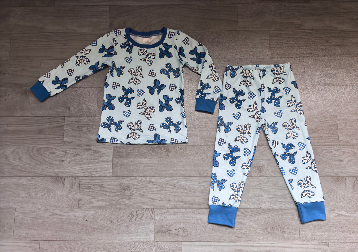 Sample-Real Pics BLP1649 Baby Girl Clothes Blue Balloon Bow Heart Mixed Print Long Sleeve Pajama Set