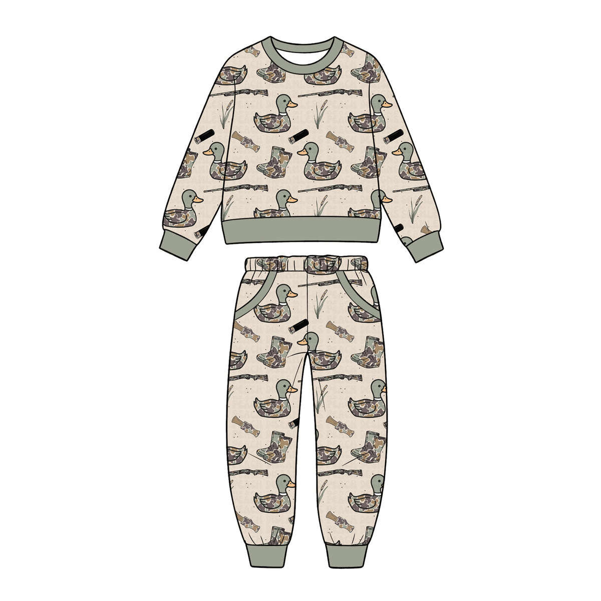 Preorder (moq 5) BLP1653 Baby Boy Clothes Duck Hunting Gear Print Long Sleeve Jogger Outfit Set