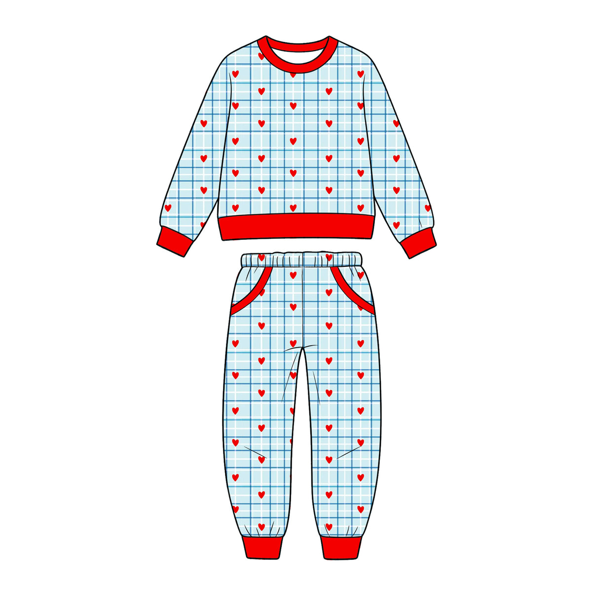 Preorder (moq 5) BLP1654 Baby Boy Clothes Valentine Blue Gingham Red Heart Print Long Sleeve Jogger Outfit Set