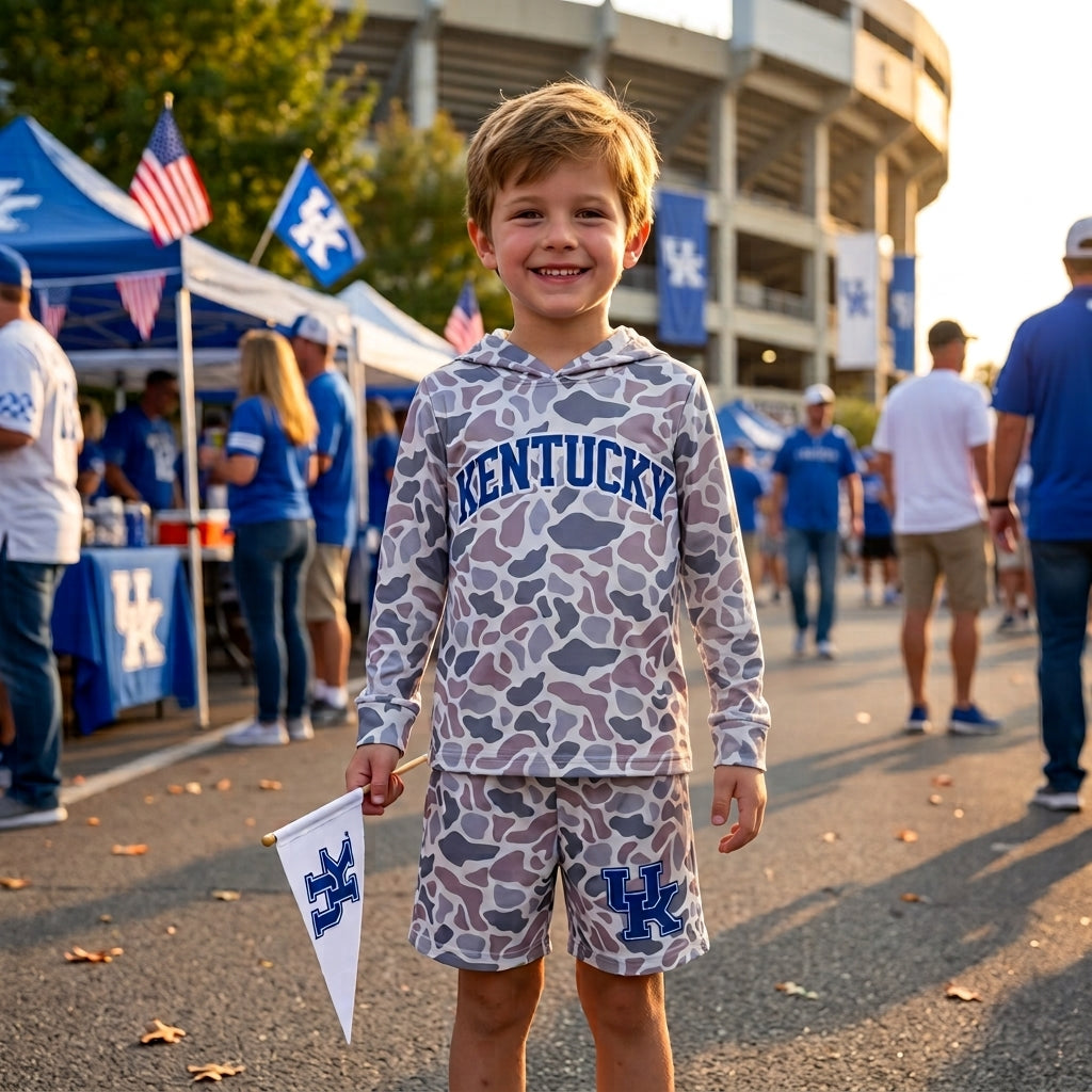 RTS BLS0042 Kentucky Kids Camo Print Hoodie Top Shorts Outfit Set 202609
