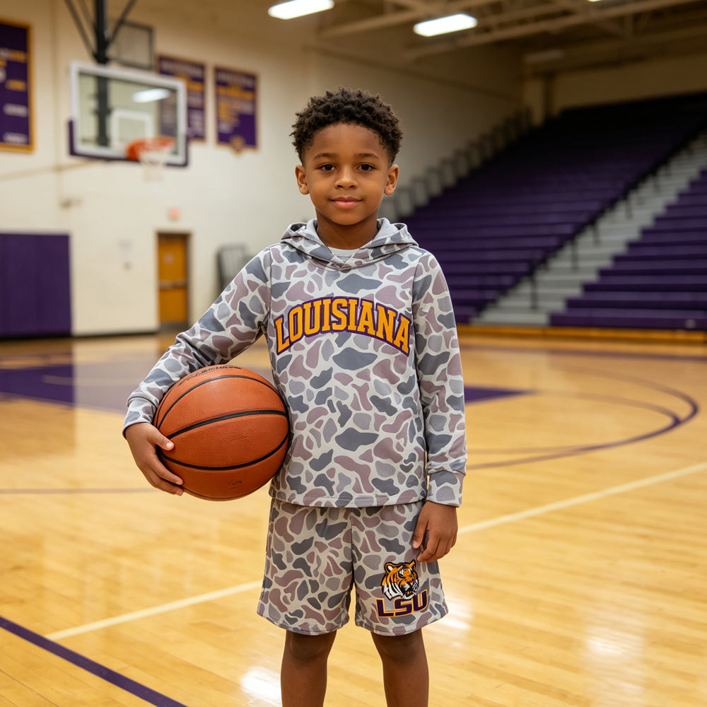 RTS BLS0045 LOUISIANA LSU Kids Camo Print Hoodie Top Shorts Outfit Set 202609