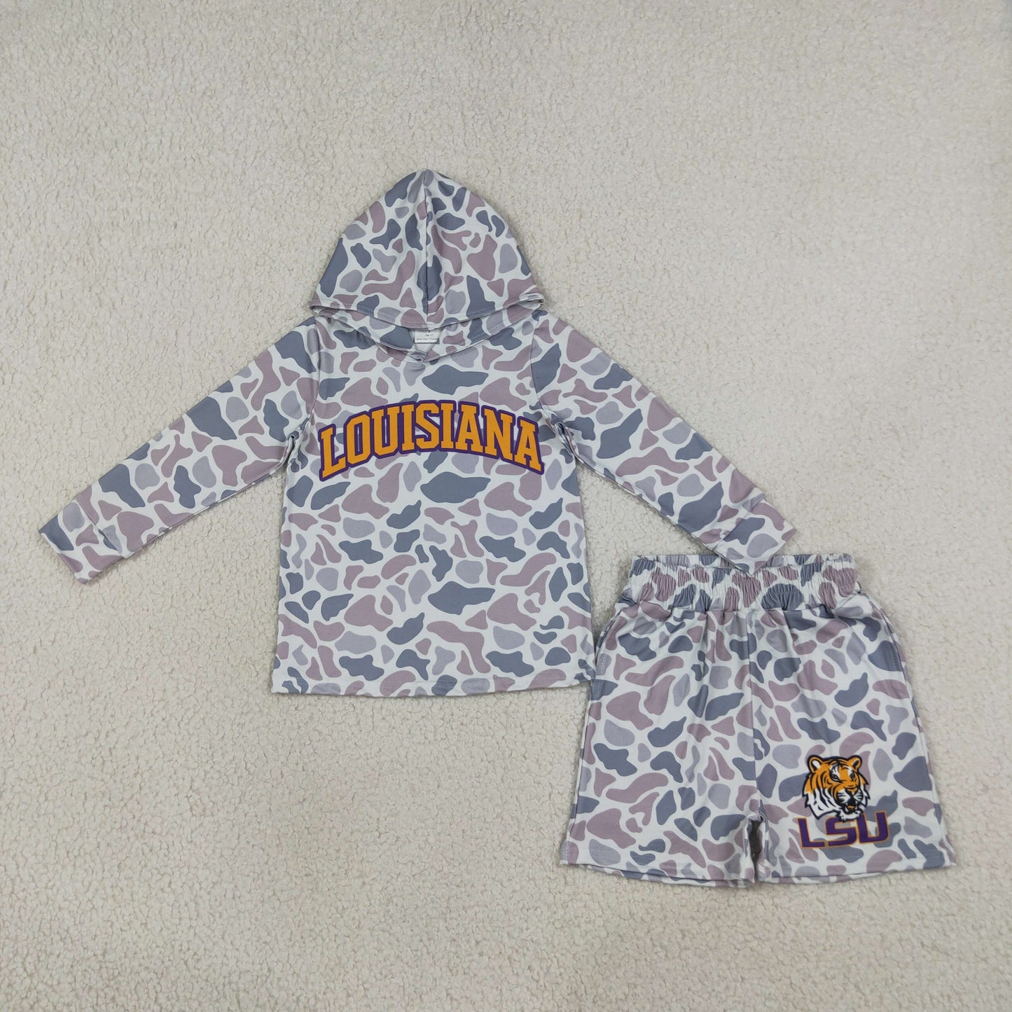 RTS BLS0045 LOUISIANA LSU Kids Camo Print Hoodie Top Shorts Outfit Set 202609