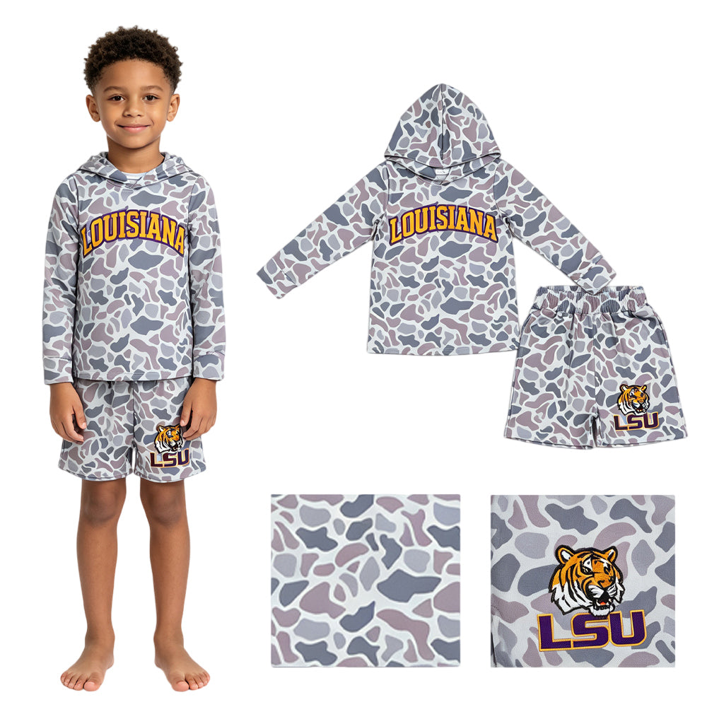 RTS BLS0045 LOUISIANA LSU Kids Camo Print Hoodie Top Shorts Outfit Set 202609