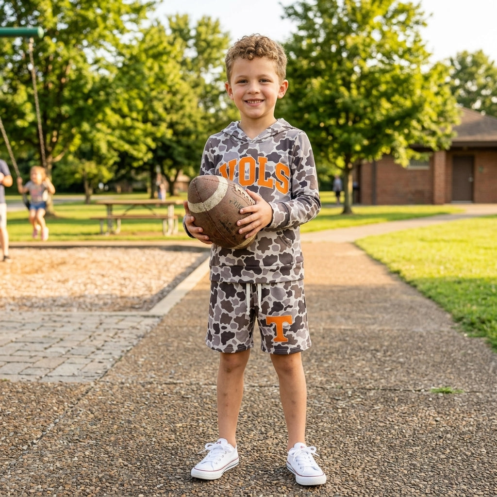 NO MOQ RTS BLS0049 Letter Camo Print Hoodie Shorts Boys 2Pcs Outfit 202609