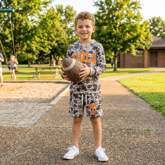 NO MOQ RTS BLS0049 Letter Camo Print Hoodie Shorts Boys 2Pcs Outfit 202609