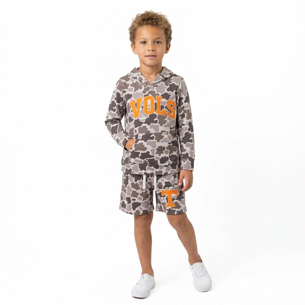 NO MOQ RTS BLS0049 Letter Camo Print Hoodie Shorts Boys 2Pcs Outfit 202609