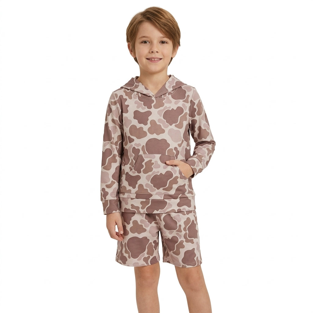 NO MOQ RTS BLS0050 Baby Boy Clothes Neutral Cow Camo Allover Print Long Sleeve Hoodie Short Set 202610
