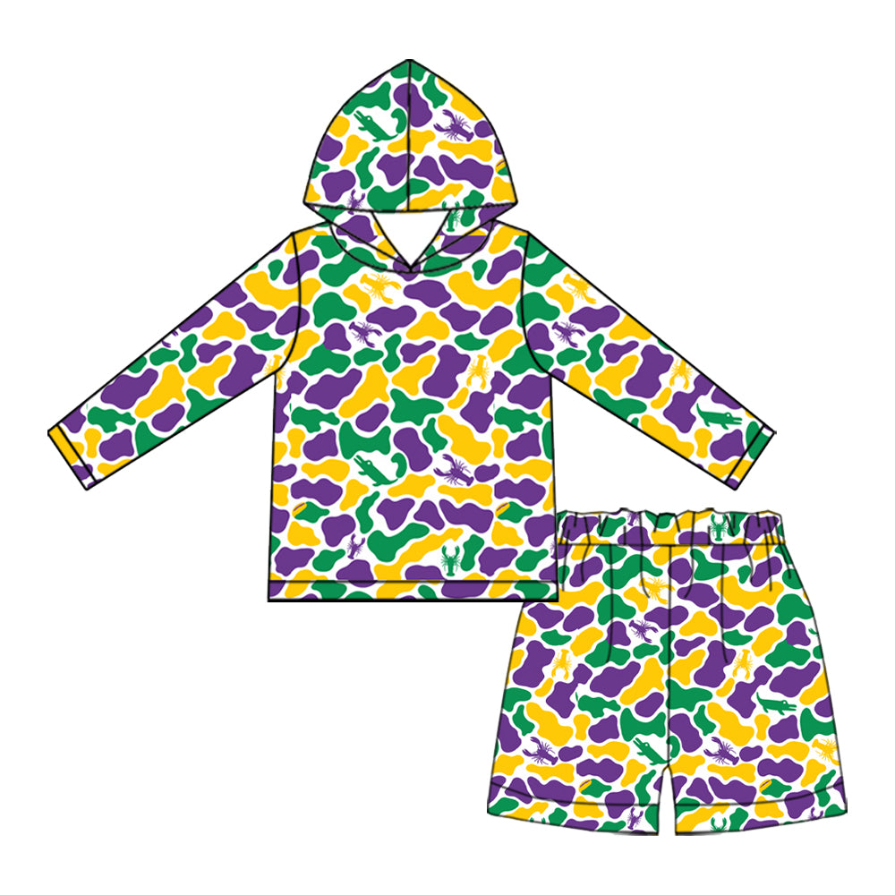 Preorder (moq 5) BLS0063 Baby Boy Clothes Mardi Gras Crawfish Camo Print Long Sleeve Hoodie Short Set 202610