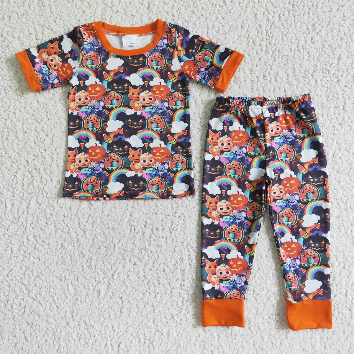 Sample-Real Pics BSPO0009 (3) Baby Kids Halloween Cartoon Pumpkin Rainbow Print Short Sleeve Top Long Pants Outfit-promotion $2.99 2026.9.19