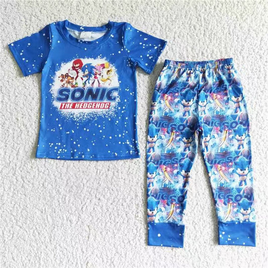 PROMOTION BSPO0015 RTS blue short sleeve cartoon print fluore boy outfit children clothes 202408