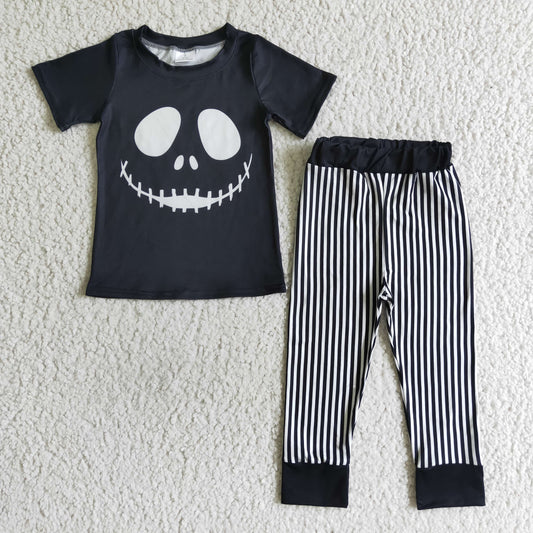 RTS BSPO0023  halloween short sleeve white head skull long stripe pants baby fall boys outfit