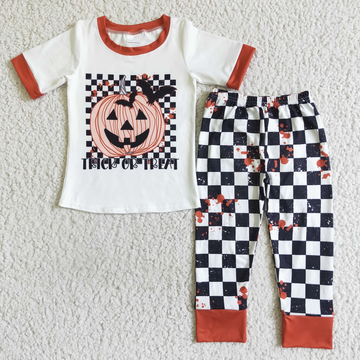 BSPO0028  RTS halloween  pumpkin white short sleeve baby plaid pants boy outfit