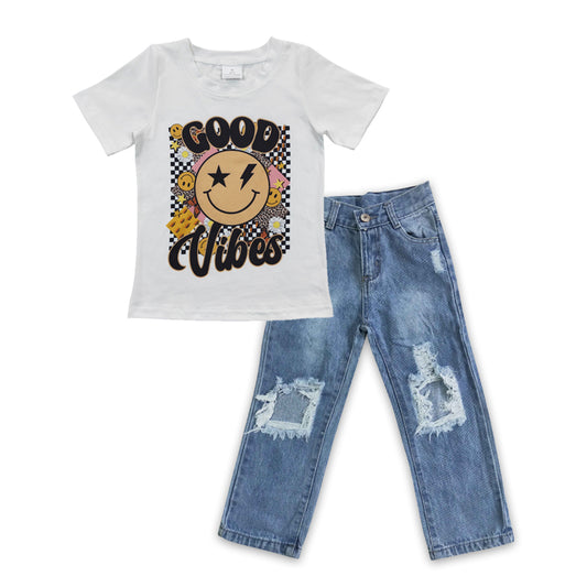 BSPO0109 Smile face short sleeve stripe denim jeans girl outfit RTS 20230425 RTS