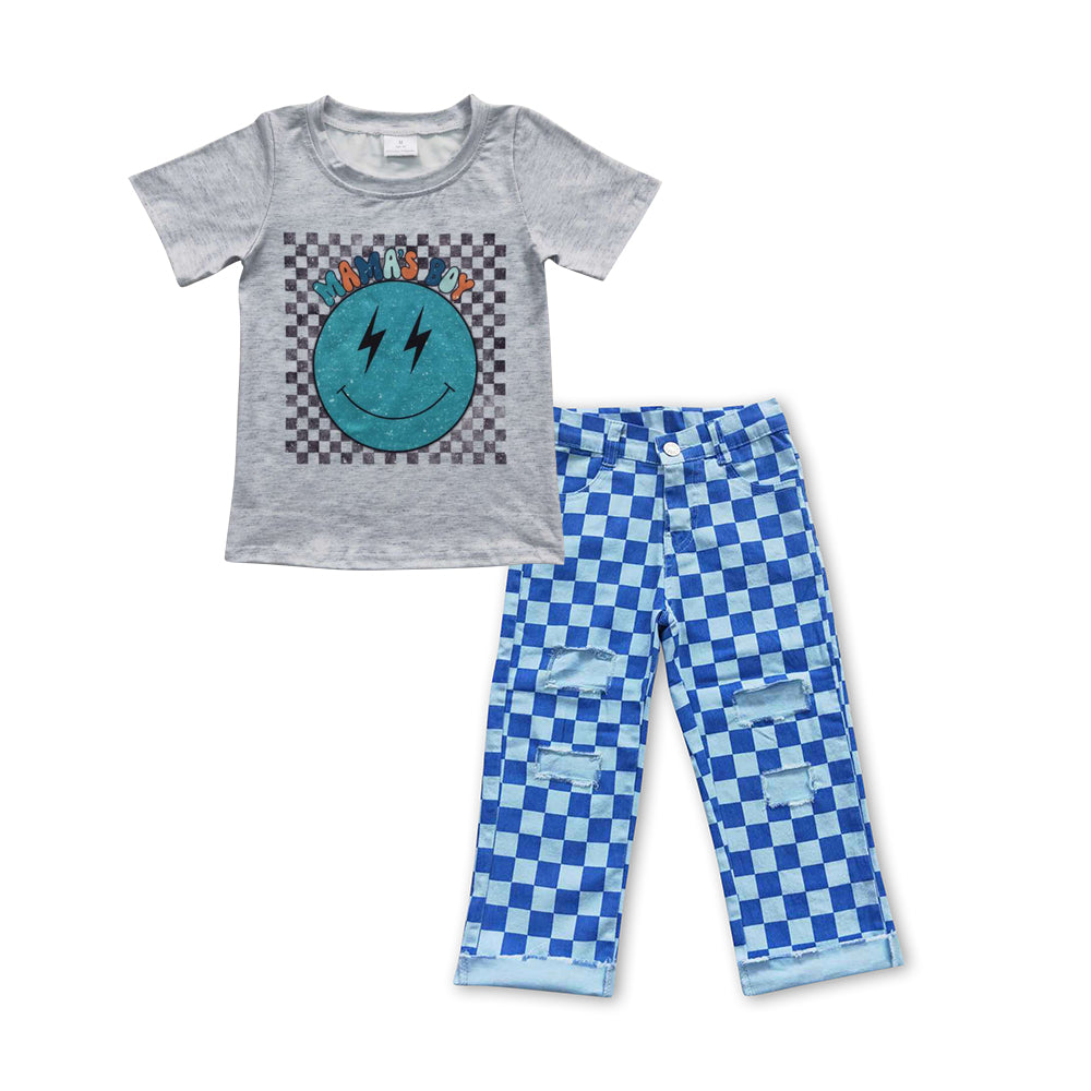 组合BSPO0113 smile face checkerboard blue denim jeans girl outfit 20230512