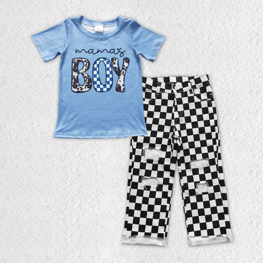 BSPO0124 boy short sleeve checkerboard denim jeans girl boy outfit RTS 20230531 RTS