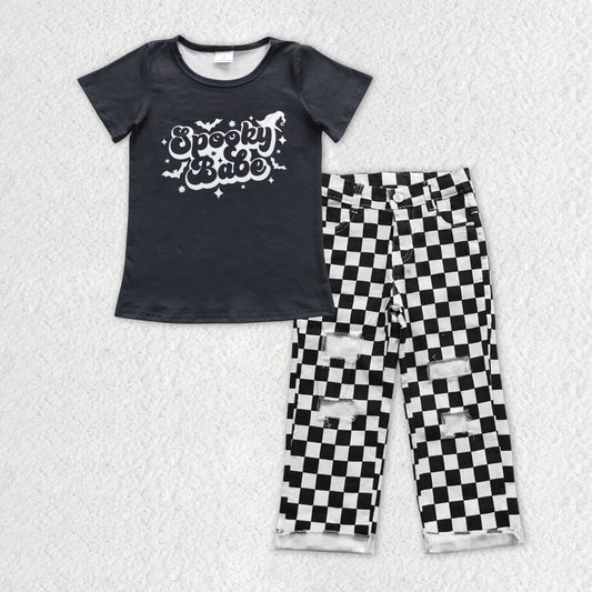 BSPO0125 boy short sleeve spooky checkerboard denim jeans girl boy outfit RTS 20230531 RTS