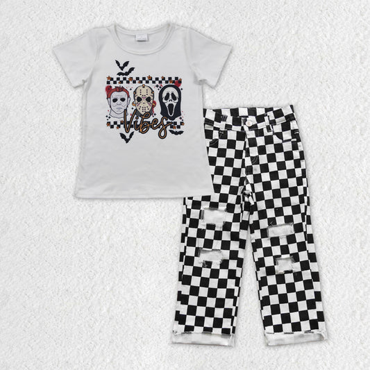 BSPO0126 boy short sleeve halloween checkerboard denim jeans girl boy outfit RTS 20230531 RTS