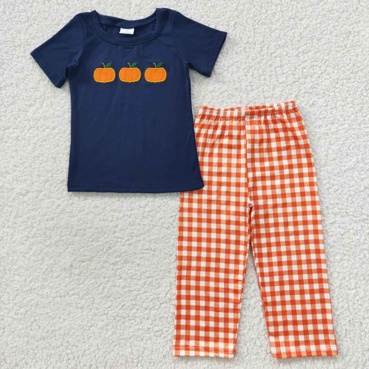 BSPO0145 Halloween cartoon embroidery pumpkin short sleeve children blue boy girl outfit RTS 20230811