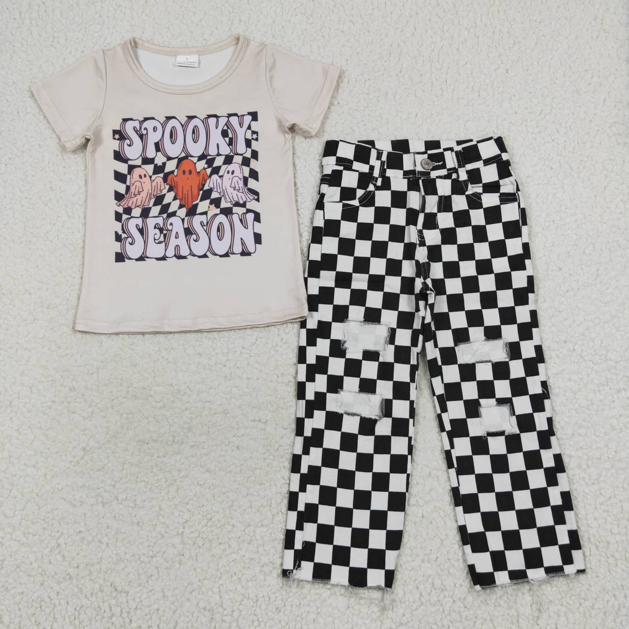 BSPO0156 western spooky short sleeve checkerboard denim jeans girl outfit 20230723 RTS