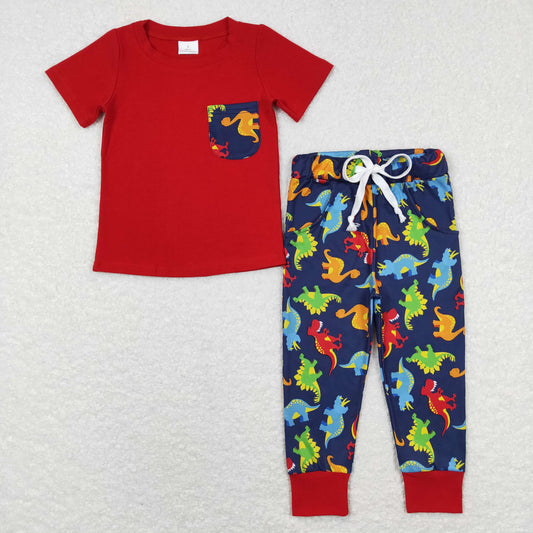 BSPO0173 RTS red dinosaur short sleeve bell bottom pants boy outfit 20231204 RTS