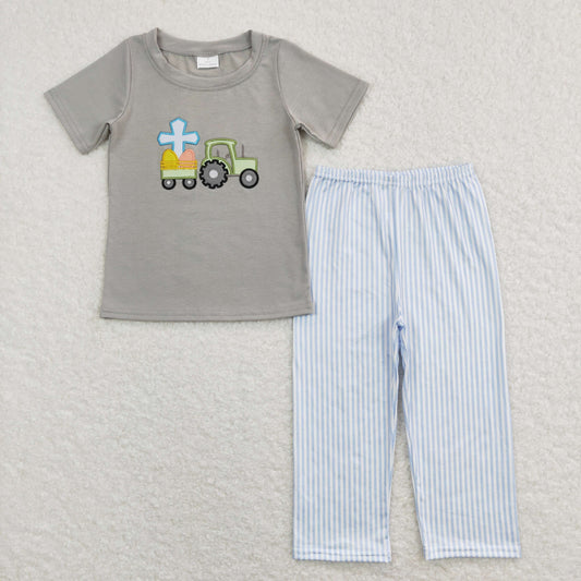 BSPO0194 RTS embroidery tractor Easter cross short sleeve boy outfit 20231204