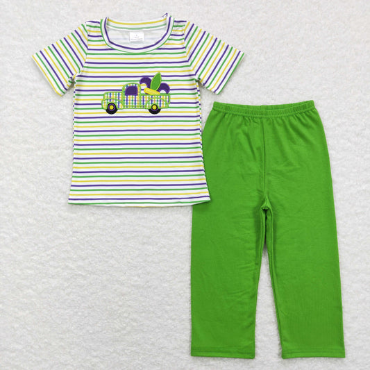 BSPO0215 Mardi Gras embroidery purple short sleeve boy pajamas outfit RTS 20231204