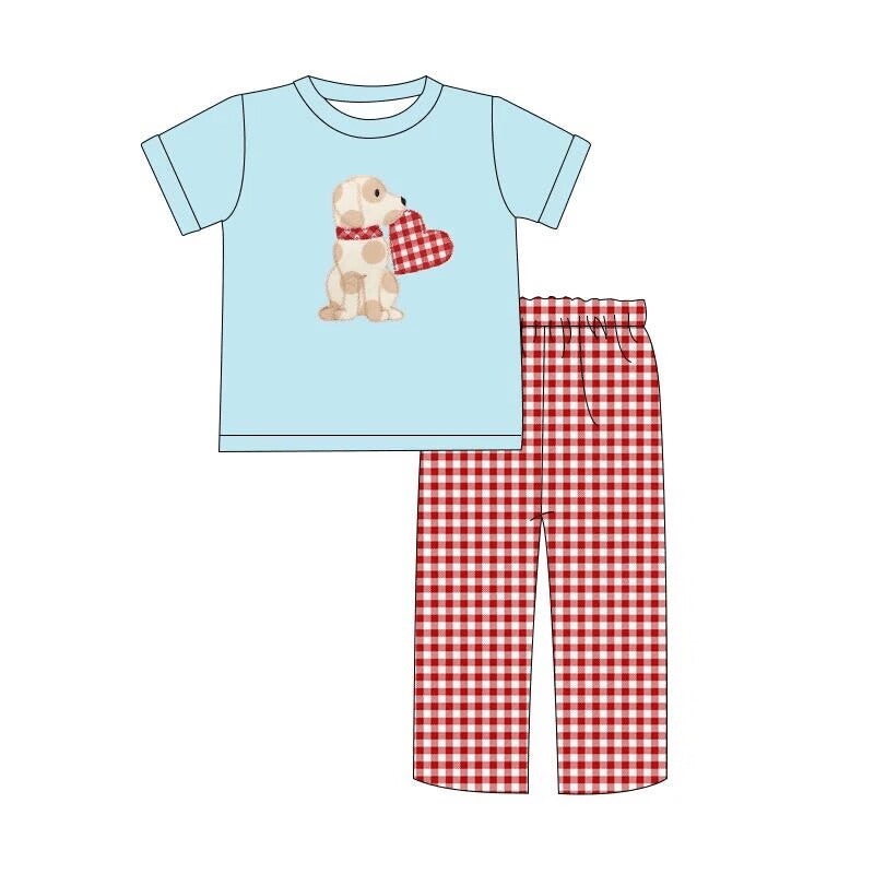 BSPO0269 dog embroidery love plaid western short sleeve boy outfit 202401