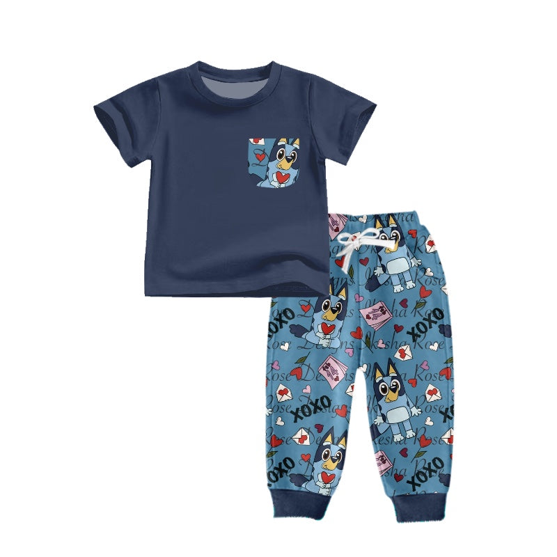 BSPO0271  RTS western Valentines bluey dog short sleeve boy outfit 202401