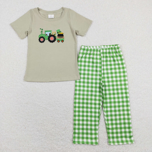 BSPO0276 RTS embroidery happy lucky green short sleeve boy outfit 202401