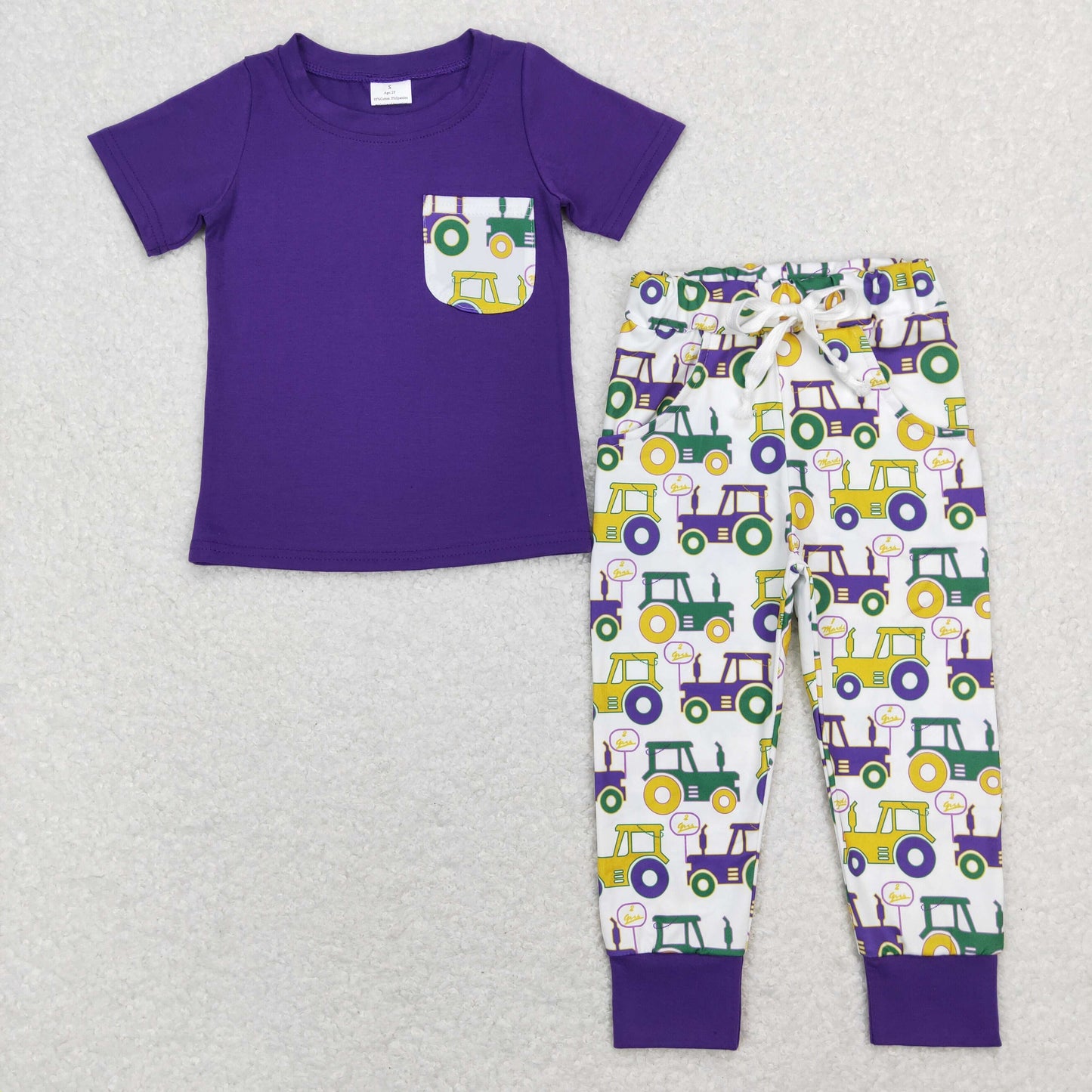 BSPO0278 RTS tractor purple Mardi gras bunny short sleeve boy outfit 202312 camo