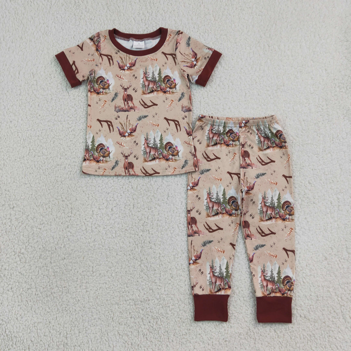 NO MOQ RTS BSPO0494 Baby Boy Clothes Deer Turkey Hunting Forest Print Short Sleeve Top Long Pant Pajama Outfit 202609