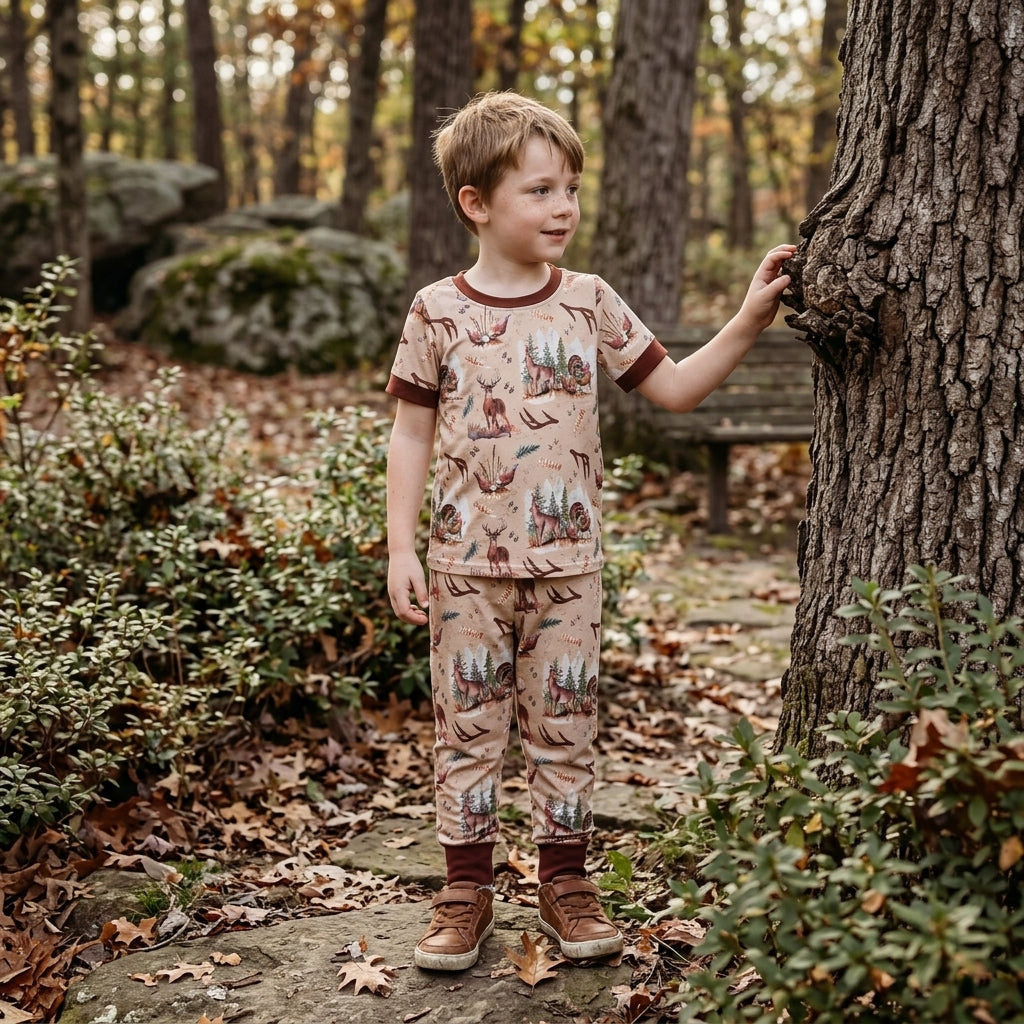 NO MOQ RTS BSPO0494 Baby Boy Clothes Deer Turkey Hunting Forest Print Short Sleeve Top Long Pant Pajama Outfit 202609