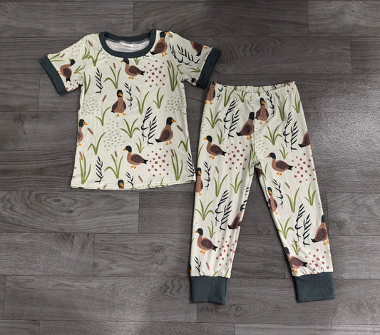 Sample-Real Pics BSPO0519 Baby Boy Clothes Mallard Duck Reed Grass Mixed Print Short Sleeve Top Long Pant Set