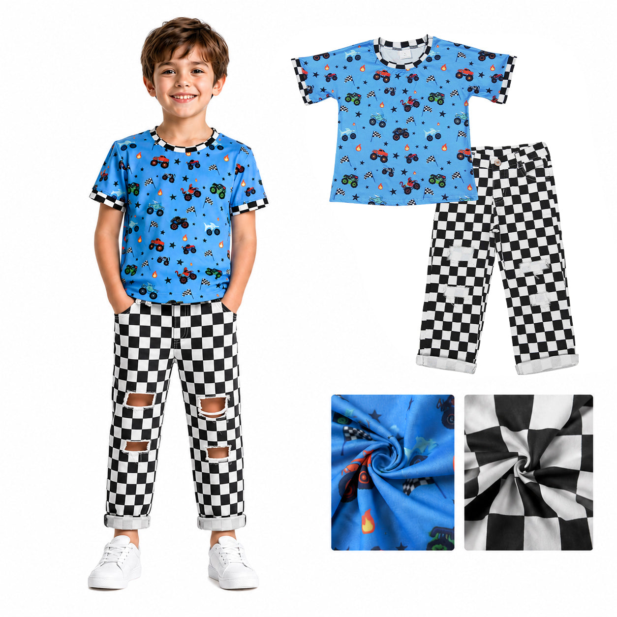 BSPO0687组合，BT1496+P0122  checkboard flag star jeans boy outfit 202605 RTS