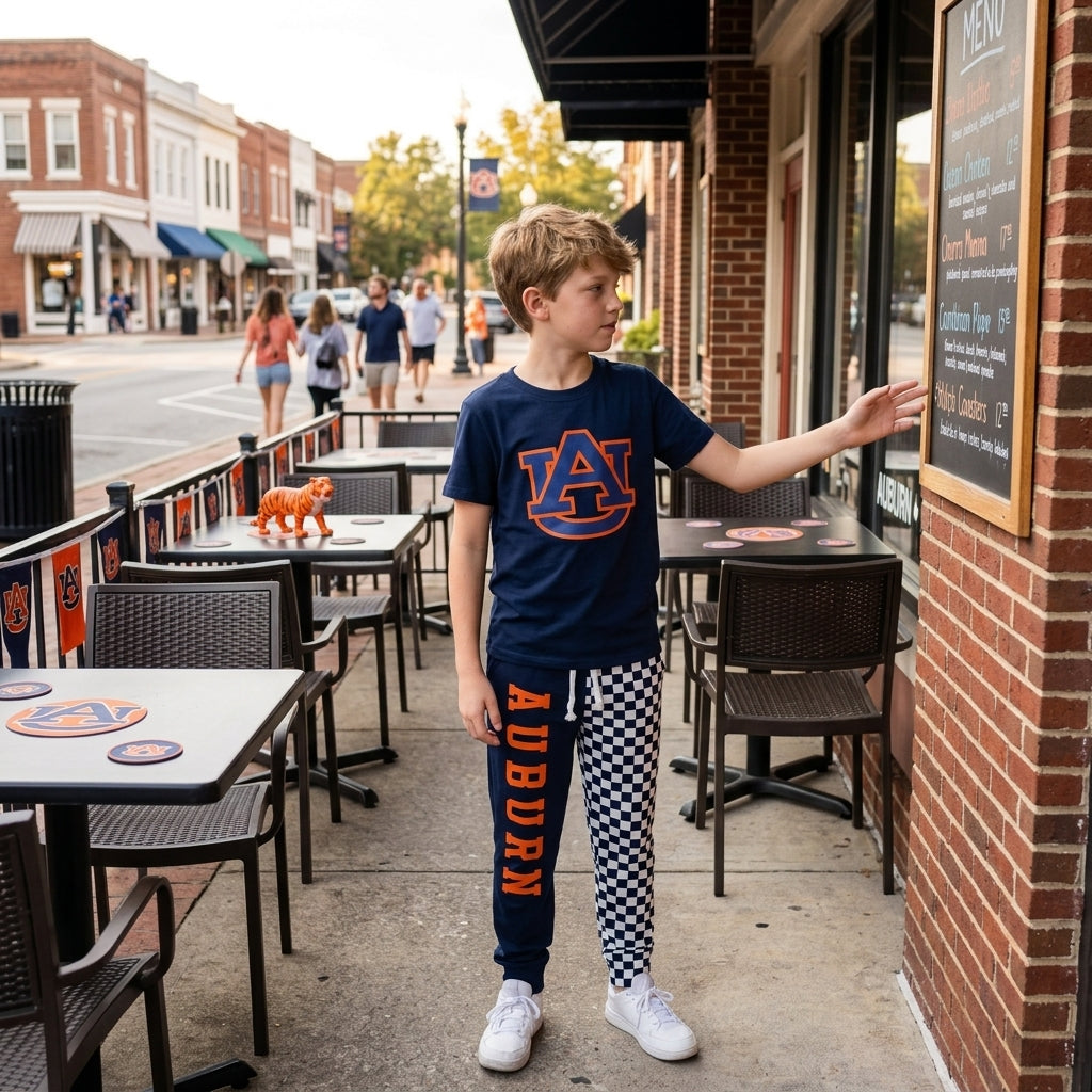 NO MOQ RTS BSPO0694-vinyl-bundle (2) Baby Boy Clothes Team Letter Graphic Print Short Sleeve Top Split Checkered Jogger Pant Set 202610