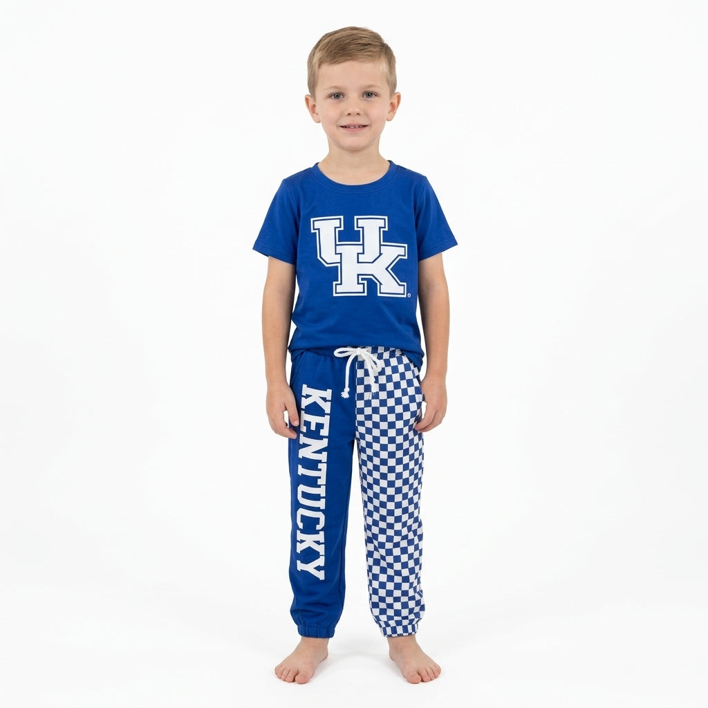 NO MOQ RTS BSPO0696-vinyl-bundle Baby Boy Clothes Kentucky UK Letter Print Short Sleeve Top Colorblock Jogger Pant Set 202609