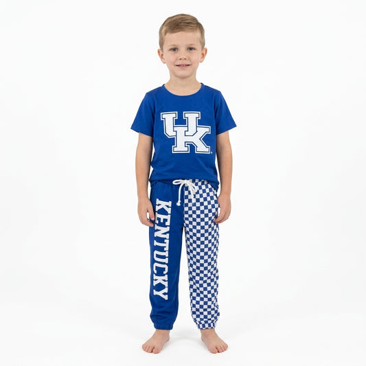 NO MOQ RTS BSPO0696-vinyl-bundle Baby Boy Clothes Kentucky UK Letter Print Short Sleeve Top Colorblock Jogger Pant Set 202609