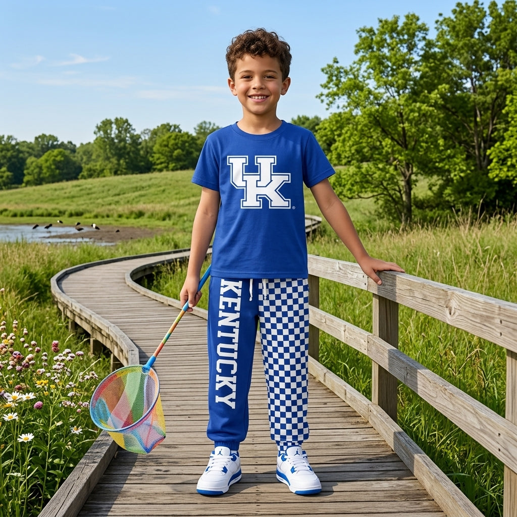NO MOQ RTS BSPO0696-vinyl-bundle Baby Boy Clothes Kentucky UK Letter Print Short Sleeve Top Colorblock Jogger Pant Set 202609