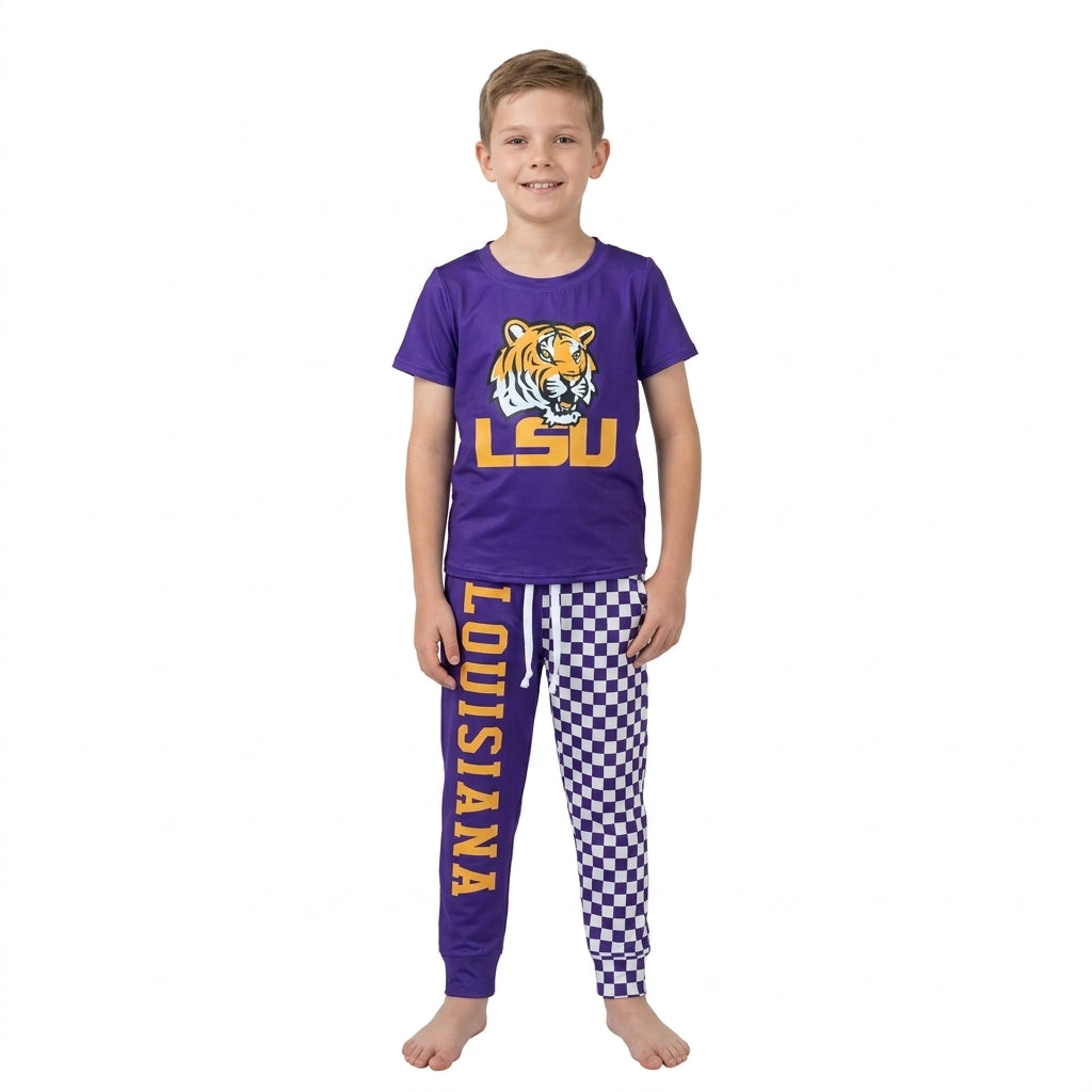 NO MOQ RTS BSPO0698-vinyl-bundle Baby Girl Clothes LSU Tiger Louisiana Graphic Print Short Sleeve Top Split Checker Jogger Pant Set 202610