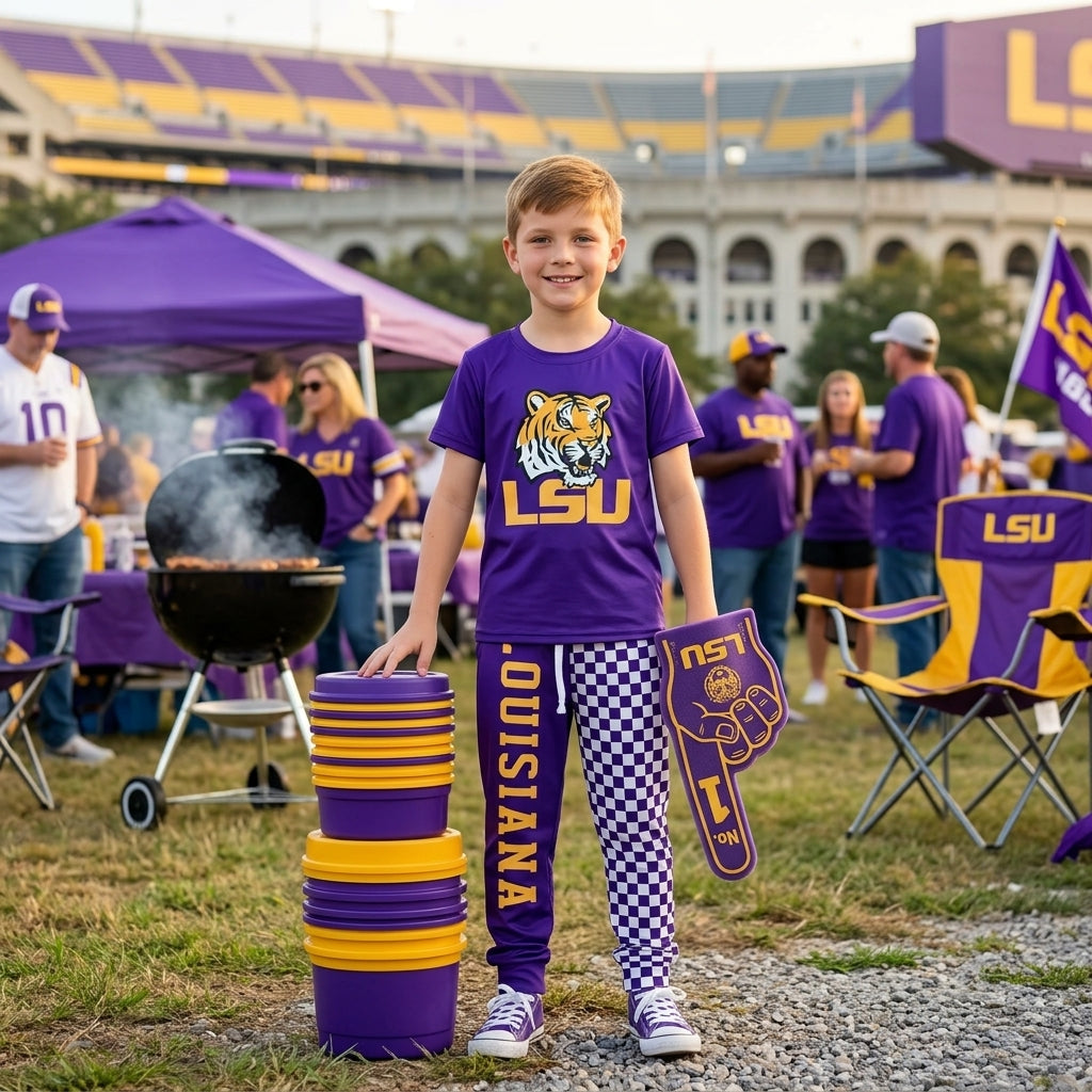 NO MOQ RTS BSPO0698-vinyl-bundle Baby Girl Clothes LSU Tiger Louisiana Graphic Print Short Sleeve Top Split Checker Jogger Pant Set 202610