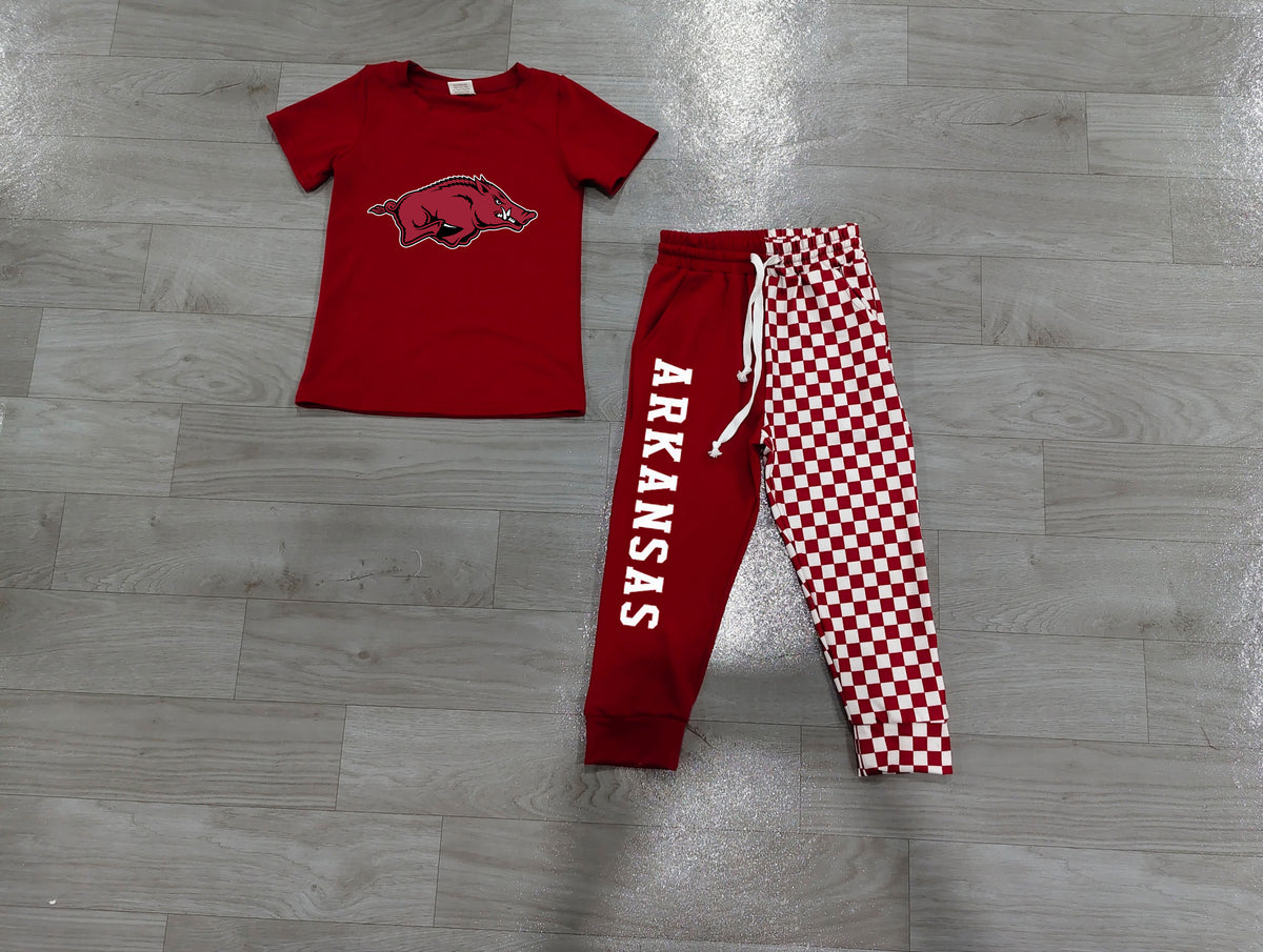 Sample-Real Pics BSPO0699 Baby Boy Clothes Arkansas Razorback Graphic Print Short Sleeve Checker Pant Set