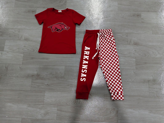 Sample-Real Pics BSPO0699 Baby Boy Clothes Arkansas Razorback Graphic Print Short Sleeve Checker Pant Set