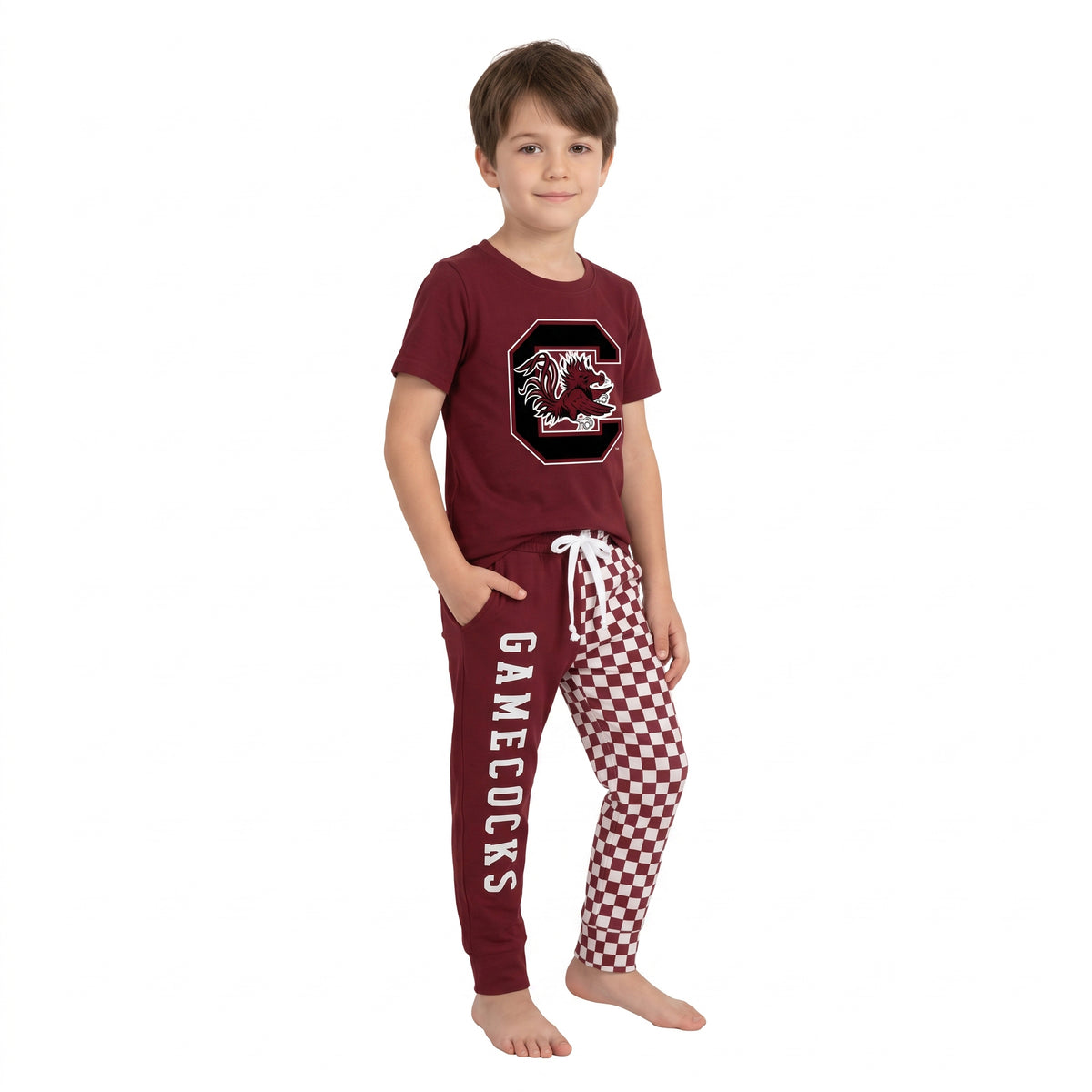 NO MOQ RTS BSPO0701 Baby Boy Clothes Burgundy Checker Mixed Print Short Sleeve Top Jogger Pant Set 202609