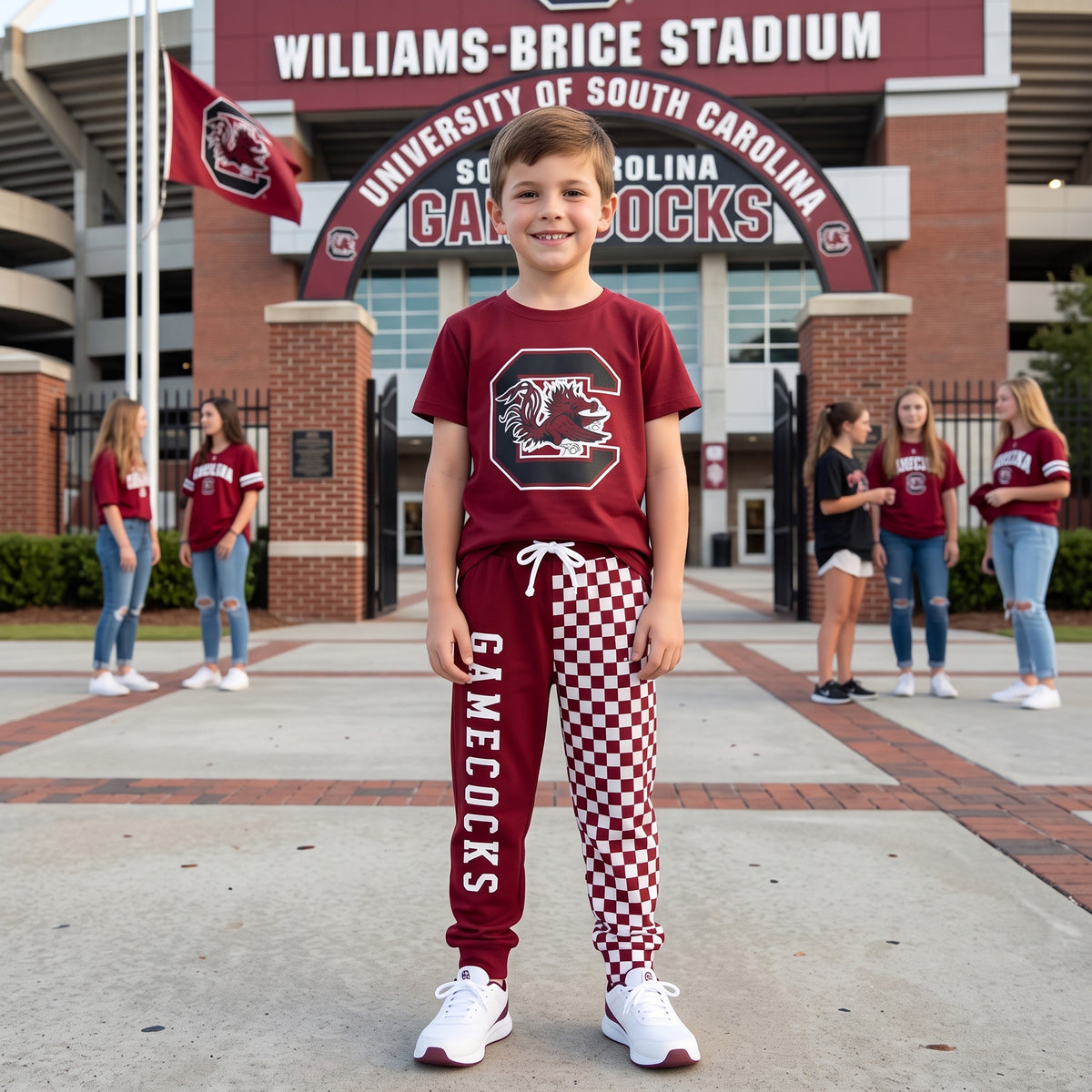 NO MOQ RTS BSPO0701 Baby Boy Clothes Burgundy Checker Mixed Print Short Sleeve Top Jogger Pant Set 202609