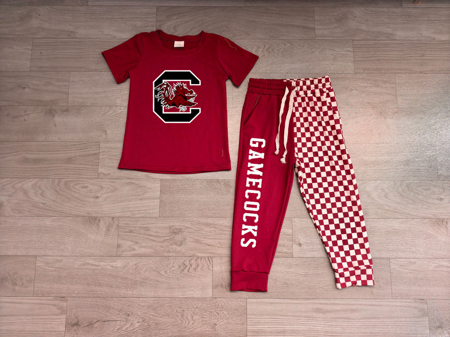 RTS BSPO0701 Team Letter Print Tee Red Gingham Pants Girls Set 202608