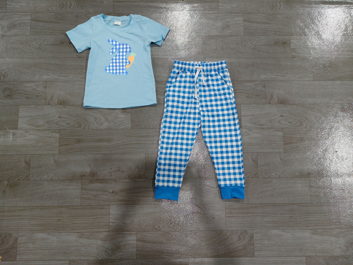 Sample-Real Pics BSPO0705 Baby Girl Clothes Bunny Gingham Graphic Print Short Sleeve Jogger Pant Set