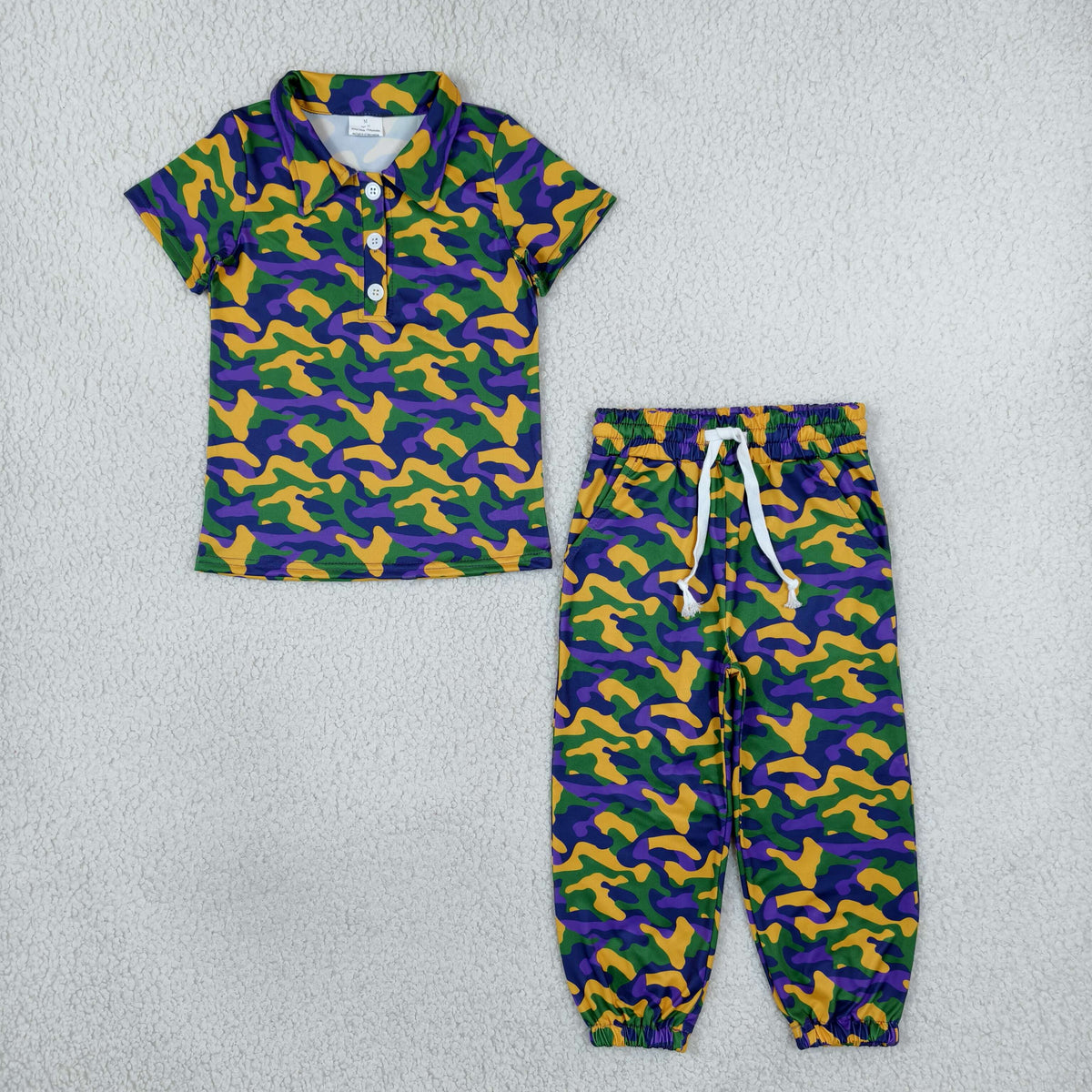 NO MOQ RTS BSPO0721-bundle Baby Boy Clothes Mardi Gras Camo Mixed Print Short Sleeve Polo Jogger Pant Set 202610
