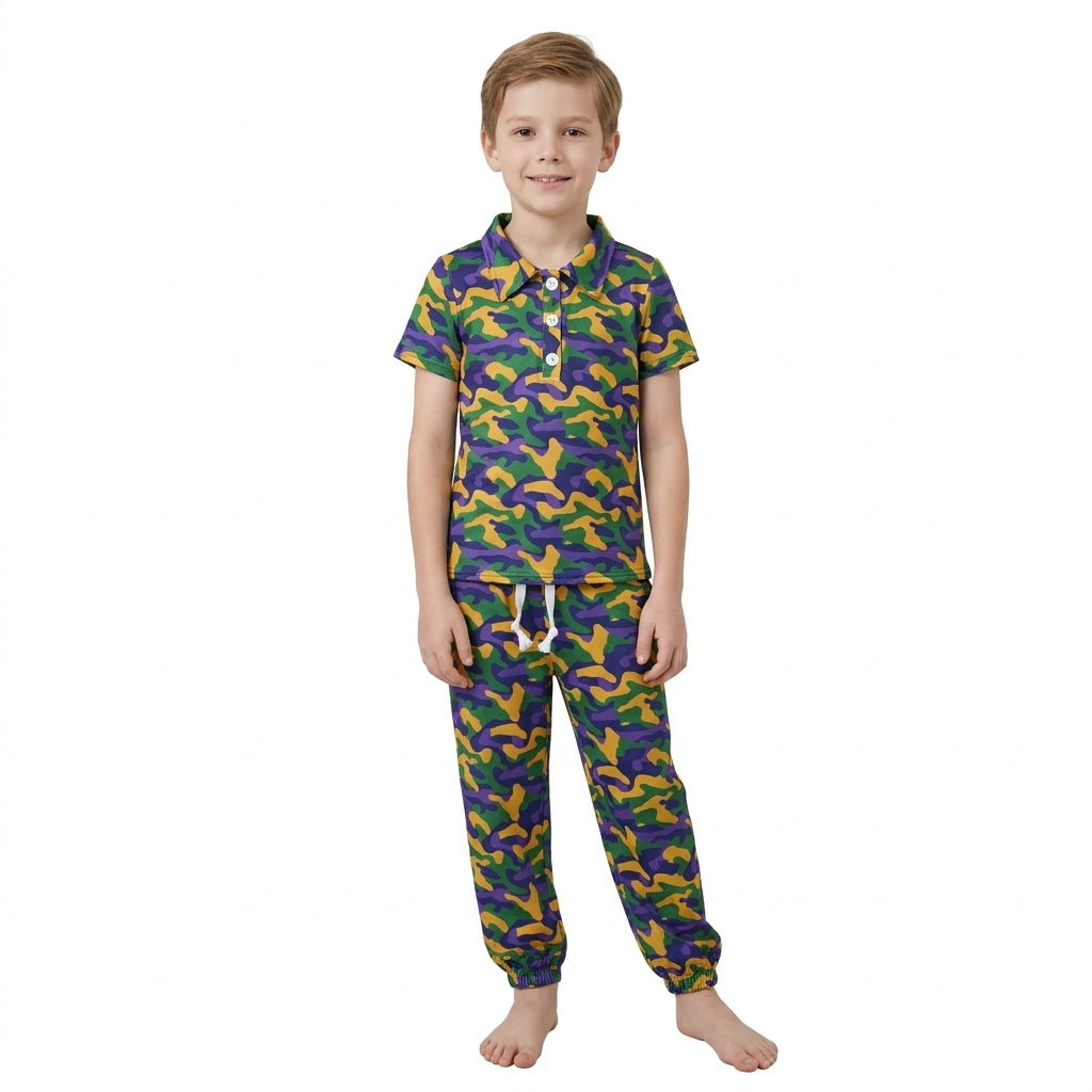 NO MOQ RTS BSPO0721-bundle Baby Boy Clothes Mardi Gras Camo Mixed Print Short Sleeve Polo Jogger Pant Set 202610