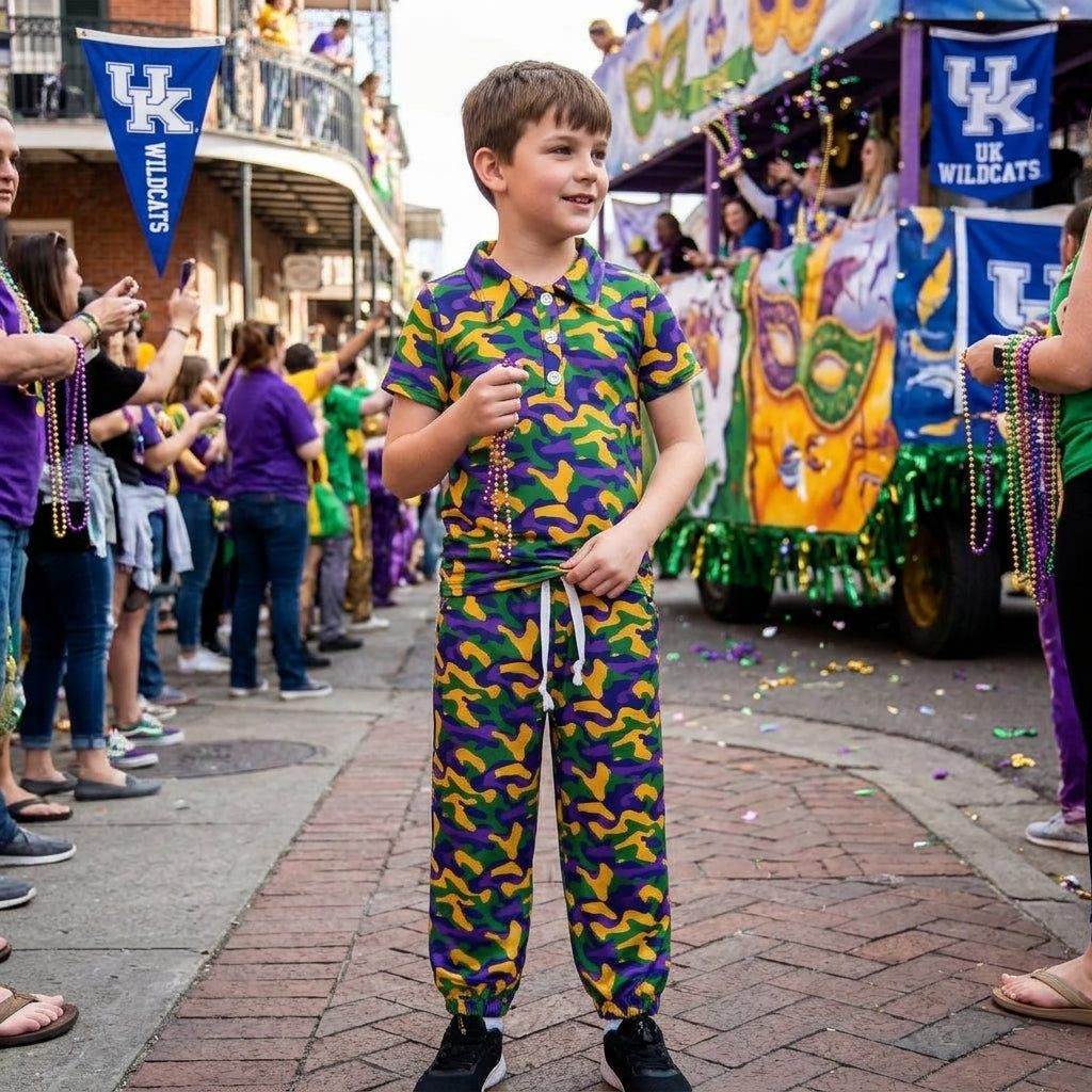NO MOQ RTS BSPO0721-bundle Baby Boy Clothes Mardi Gras Camo Mixed Print Short Sleeve Polo Jogger Pant Set 202610